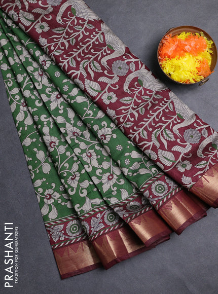 Semi maheshwari cotton saree green and maroon with allover kalamkari prints and zari woven border
