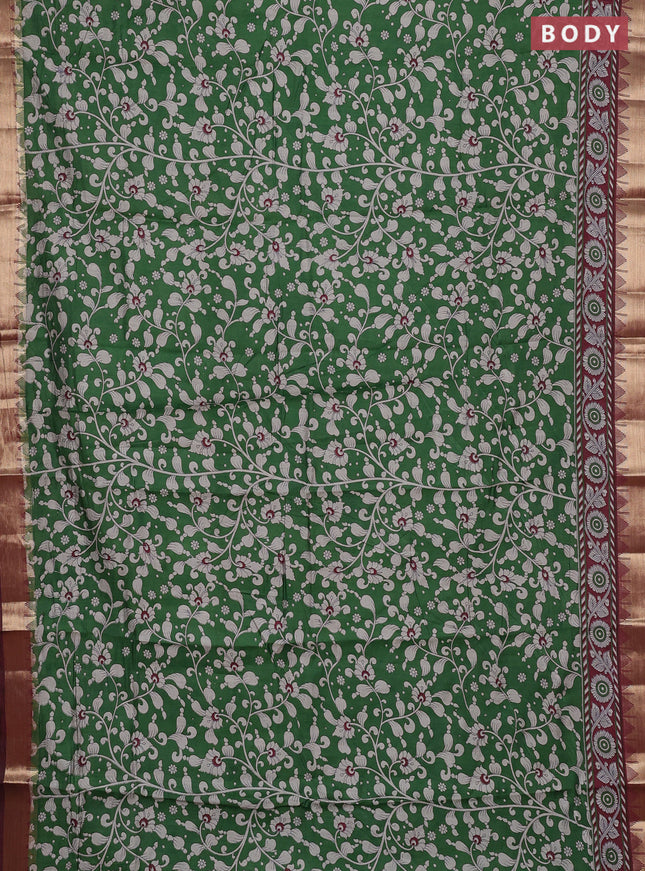 Semi maheshwari cotton saree green and maroon with allover kalamkari prints and zari woven border