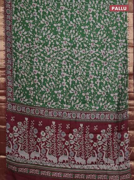 Semi maheshwari cotton saree green and maroon with allover kalamkari prints and zari woven border
