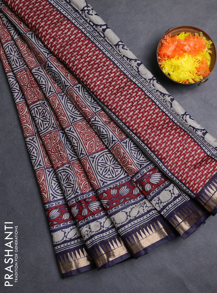 Semi maheshwari cotton saree maroon and navy blue with allover ajrakh prints and zari woven border