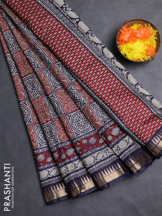 Semi maheshwari cotton saree maroon and navy blue with allover ajrakh prints and zari woven border