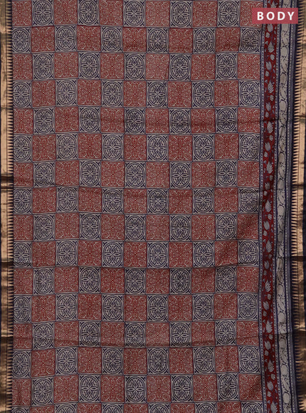 Semi maheshwari cotton saree maroon and navy blue with allover ajrakh prints and zari woven border