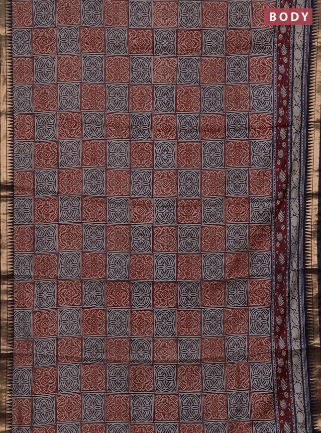 Semi maheshwari cotton saree maroon and navy blue with allover ajrakh prints and zari woven border