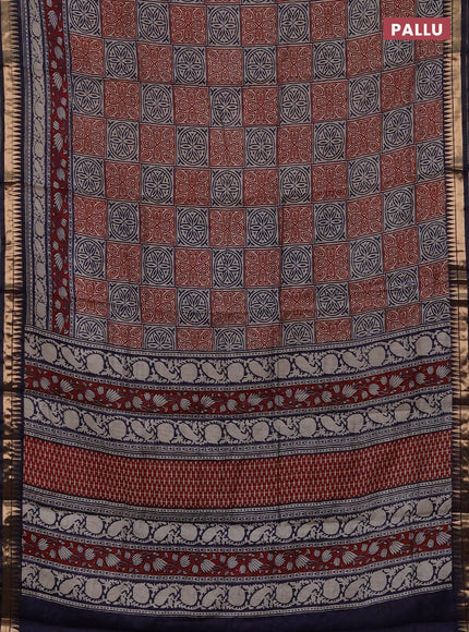 Semi maheshwari cotton saree maroon and navy blue with allover ajrakh prints and zari woven border