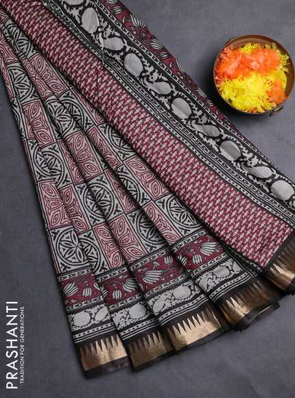 Semi maheshwari cotton saree maroon and black with allover ajrakh prints and zari woven border