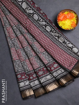 Semi maheshwari cotton saree maroon and black with allover ajrakh prints and zari woven border