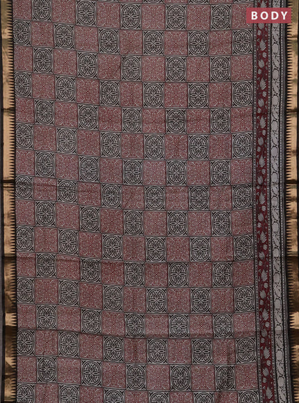 Semi maheshwari cotton saree maroon and black with allover ajrakh prints and zari woven border