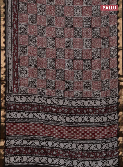 Semi maheshwari cotton saree maroon and black with allover ajrakh prints and zari woven border