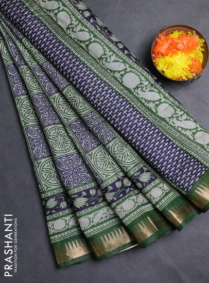 Semi maheshwari cotton saree navy blue and green with allover ajrakh prints and zari woven border