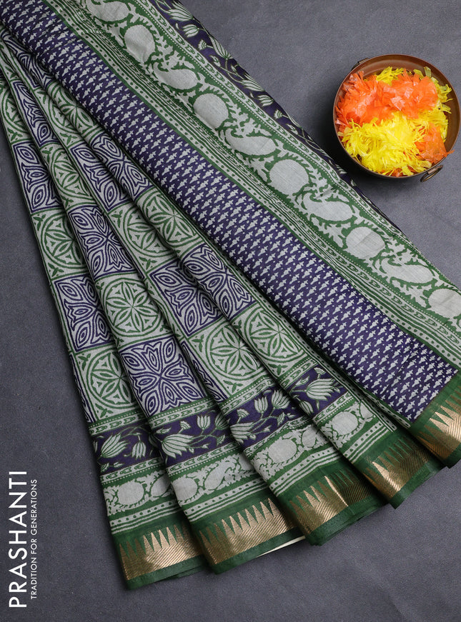 Semi maheshwari cotton saree navy blue and green with allover ajrakh prints and zari woven border