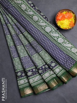 Semi maheshwari cotton saree navy blue and green with allover ajrakh prints and zari woven border