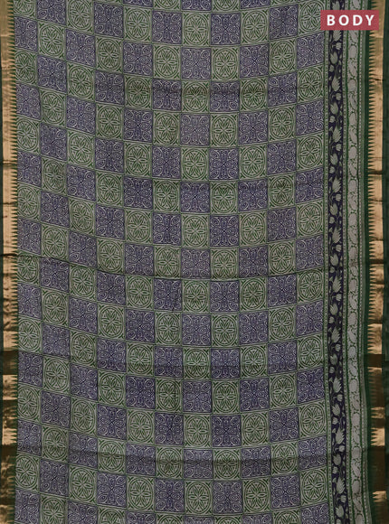 Semi maheshwari cotton saree navy blue and green with allover ajrakh prints and zari woven border
