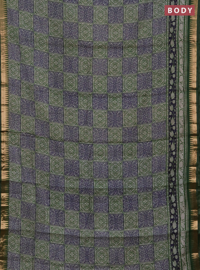 Semi maheshwari cotton saree navy blue and green with allover ajrakh prints and zari woven border