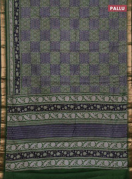 Semi maheshwari cotton saree navy blue and green with allover ajrakh prints and zari woven border