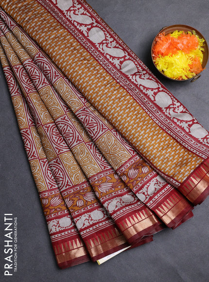 Semi maheshwari cotton saree mustard yellow and maroon with allover ajrakh prints and zari woven border