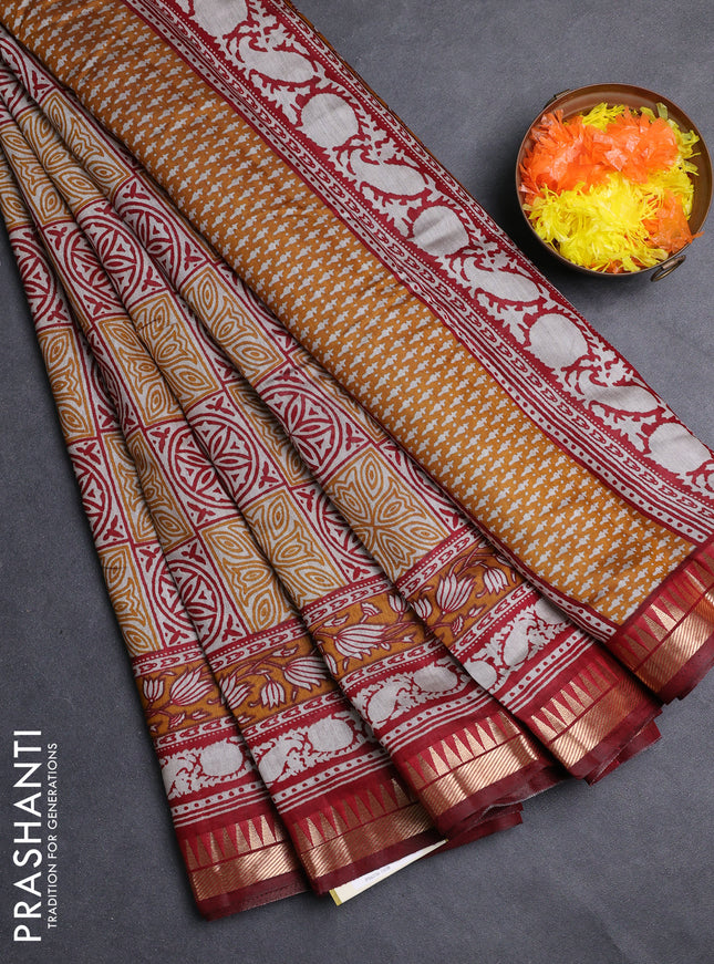 Semi maheshwari cotton saree mustard yellow and maroon with allover ajrakh prints and zari woven border