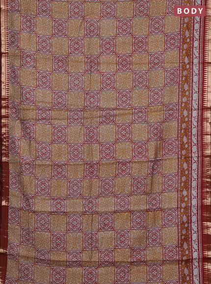 Semi maheshwari cotton saree mustard yellow and maroon with allover ajrakh prints and zari woven border