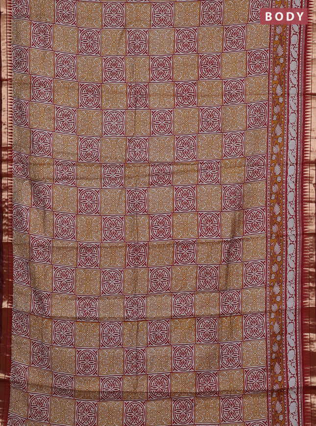 Semi maheshwari cotton saree mustard yellow and maroon with allover ajrakh prints and zari woven border