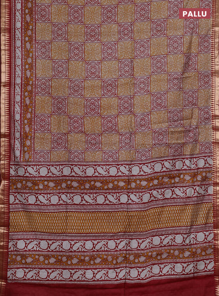 Semi maheshwari cotton saree mustard yellow and maroon with allover ajrakh prints and zari woven border