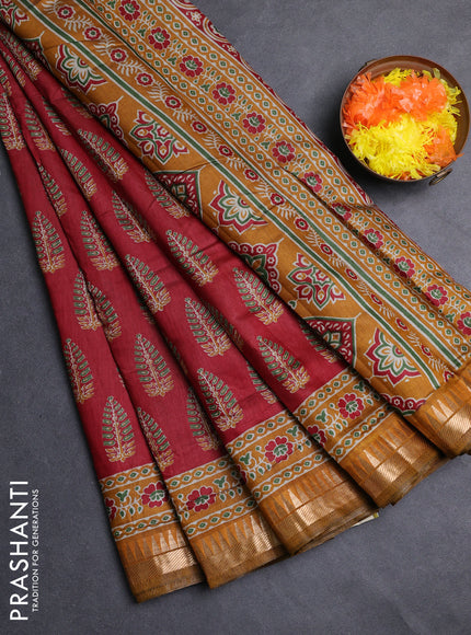 Semi maheshwari cotton saree maroon and mustard yellow with allover butta prints and zari woven border