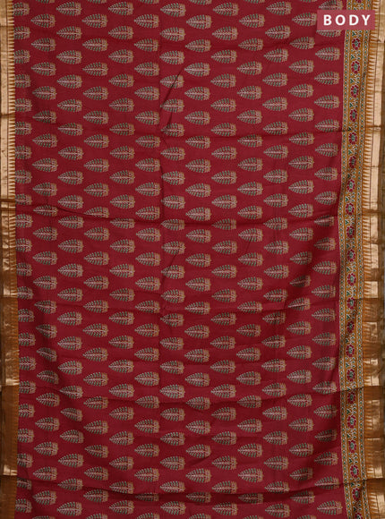 Semi maheshwari cotton saree maroon and mustard yellow with allover butta prints and zari woven border