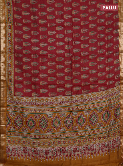 Semi maheshwari cotton saree maroon and mustard yellow with allover butta prints and zari woven border
