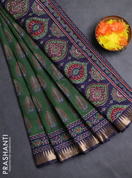 Semi maheshwari cotton saree green and navy blue with allover butta prints and zari woven border