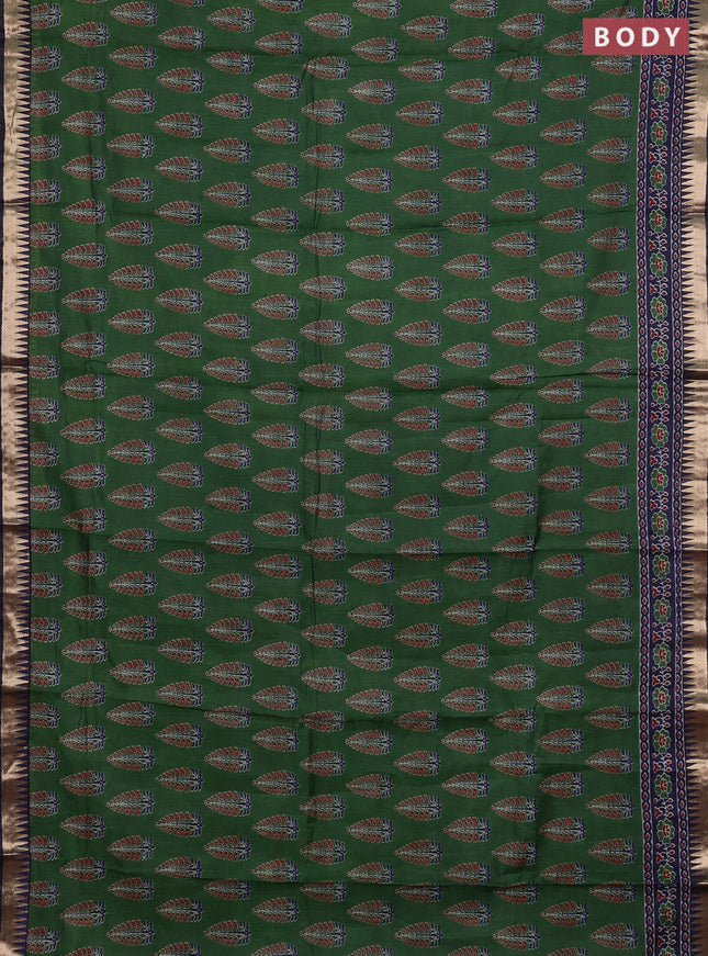Semi maheshwari cotton saree green and navy blue with allover butta prints and zari woven border