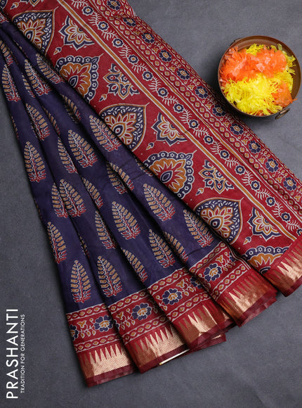 Semi maheshwari cotton saree navy blue and maroon with allover butta prints and zari woven border