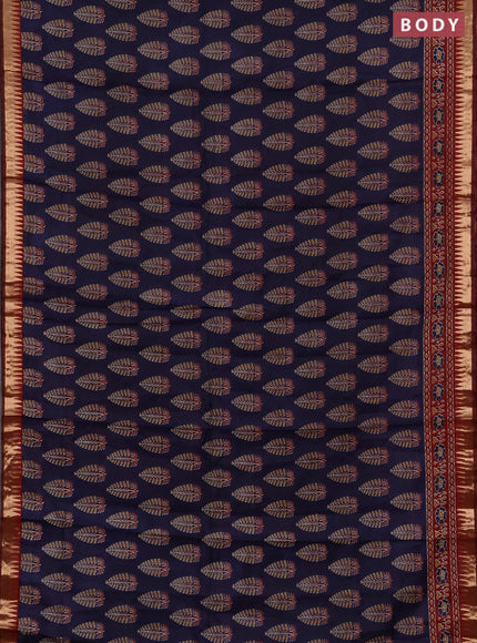 Semi maheshwari cotton saree navy blue and maroon with allover butta prints and zari woven border