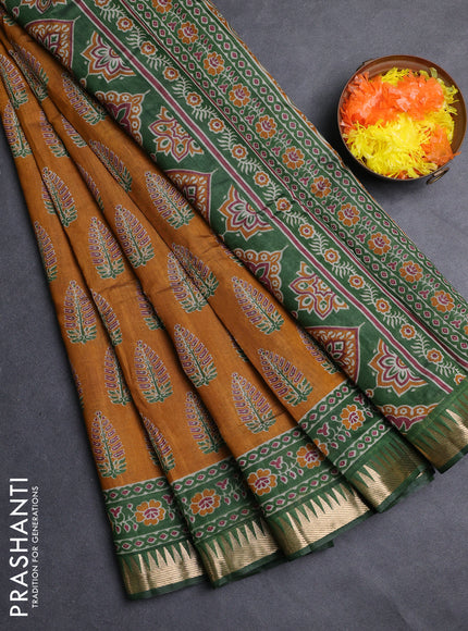 Semi maheshwari cotton saree mustard yellow and green with allover butta prints and zari woven border