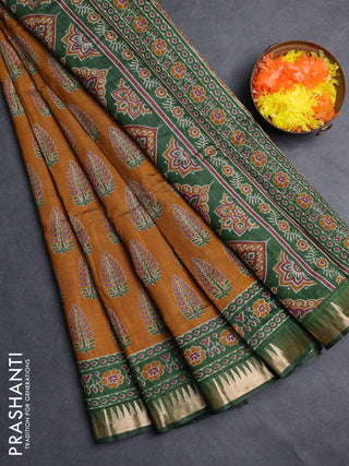 Semi maheshwari cotton saree mustard yellow and green with allover butta prints and zari woven border