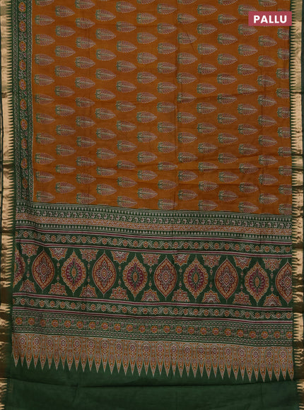 Semi maheshwari cotton saree mustard yellow and green with allover butta prints and zari woven border