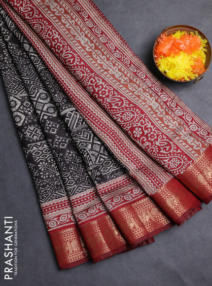 Semi maheshwari cotton saree black and maroon with allover prints and zari woven border