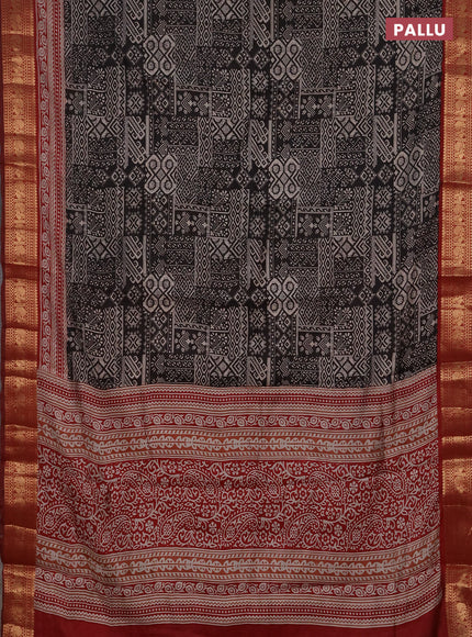 Semi maheshwari cotton saree black and maroon with allover prints and zari woven border