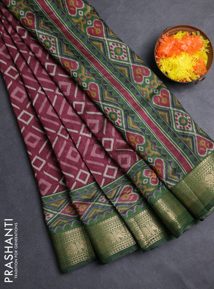 Semi maheshwari cotton saree wine shade and green with allover geomatric prints and zari woven border