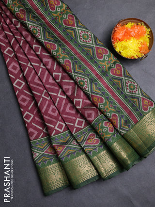 Semi maheshwari cotton saree wine shade and green with allover geomatric prints and zari woven border