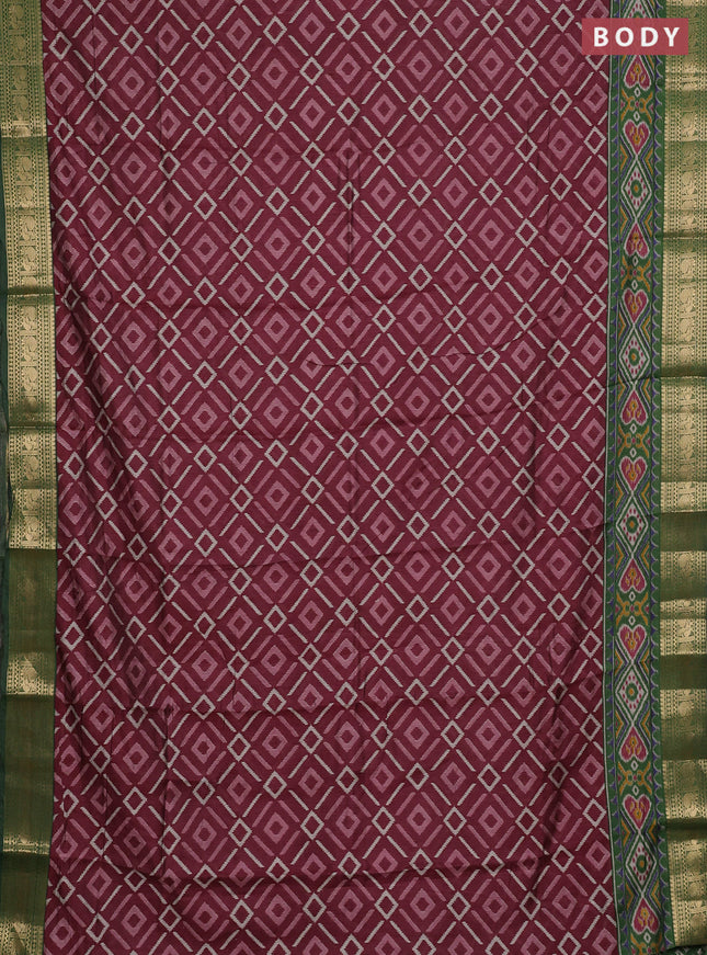 Semi maheshwari cotton saree wine shade and green with allover geomatric prints and zari woven border