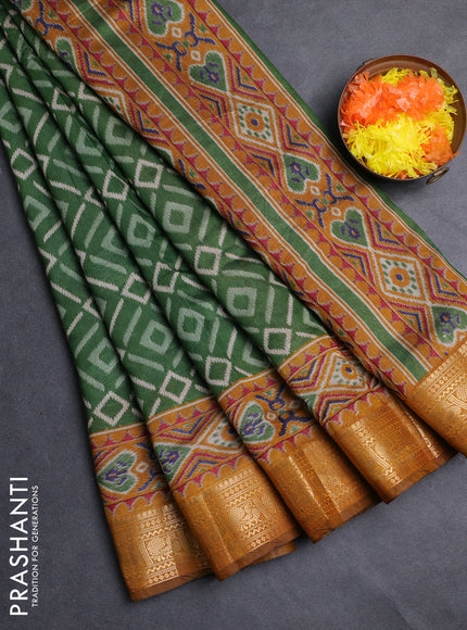 Semi maheshwari cotton saree green and mustard yellow with allover geomatric prints and zari woven border