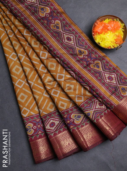 Semi maheshwari cotton saree mustard yellow and maroon with allover geomatric prints and zari woven border
