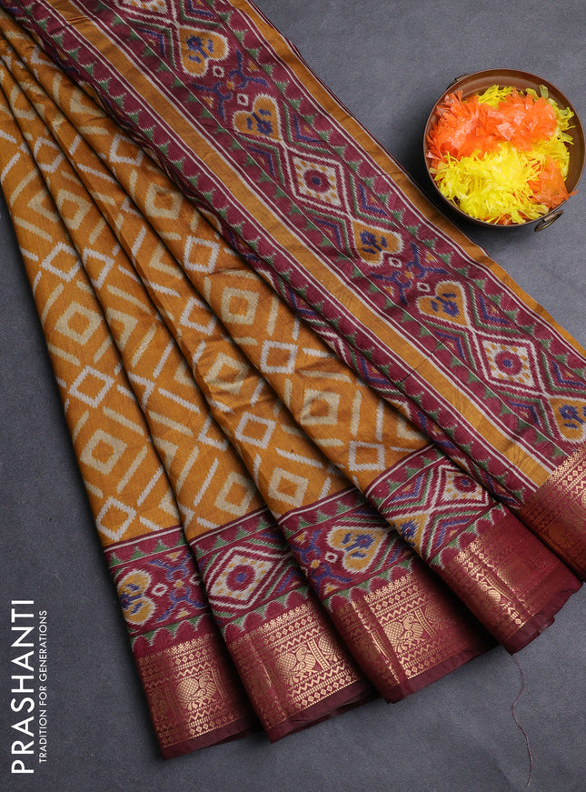 Semi maheshwari cotton saree mustard yellow and maroon with allover geomatric prints and zari woven border