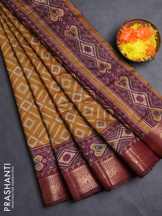Semi maheshwari cotton saree mustard yellow and maroon with allover geomatric prints and zari woven border