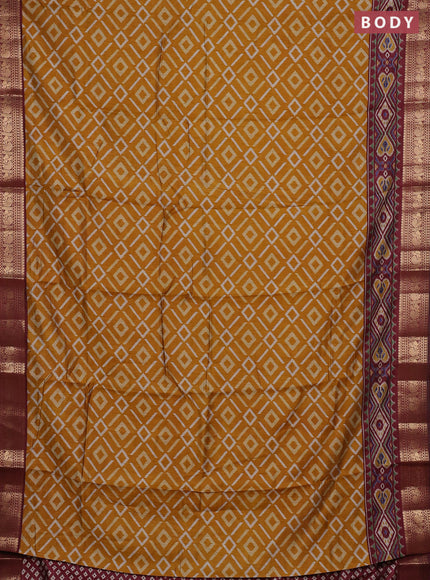 Semi maheshwari cotton saree mustard yellow and maroon with allover geomatric prints and zari woven border