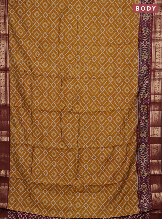 Semi maheshwari cotton saree mustard yellow and maroon with allover geomatric prints and zari woven border