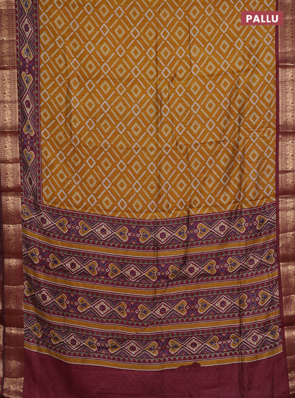 Semi maheshwari cotton saree mustard yellow and maroon with allover geomatric prints and zari woven border