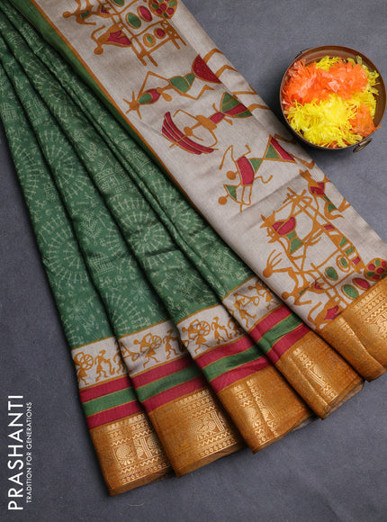 Semi maheshwari cotton saree green and mustard yellow with allover warli prints and zari woven border