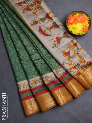Semi maheshwari cotton saree green and mustard yellow with allover warli prints and zari woven border