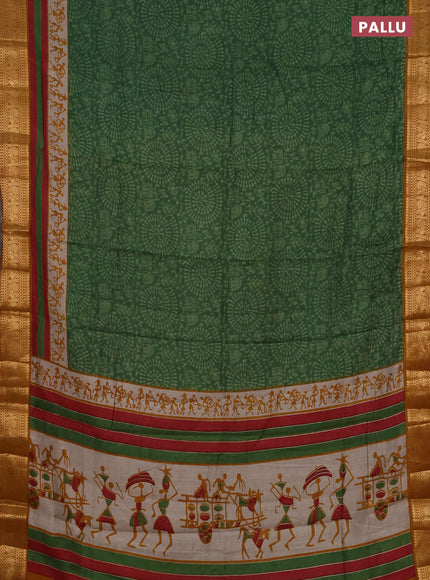 Semi maheshwari cotton saree green and mustard yellow with allover warli prints and zari woven border
