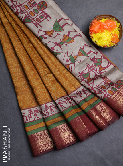 Semi maheshwari cotton saree mustard yellow and maroon with allover warli prints and zari woven border