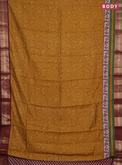 Semi maheshwari cotton saree mustard yellow and maroon with allover warli prints and zari woven border